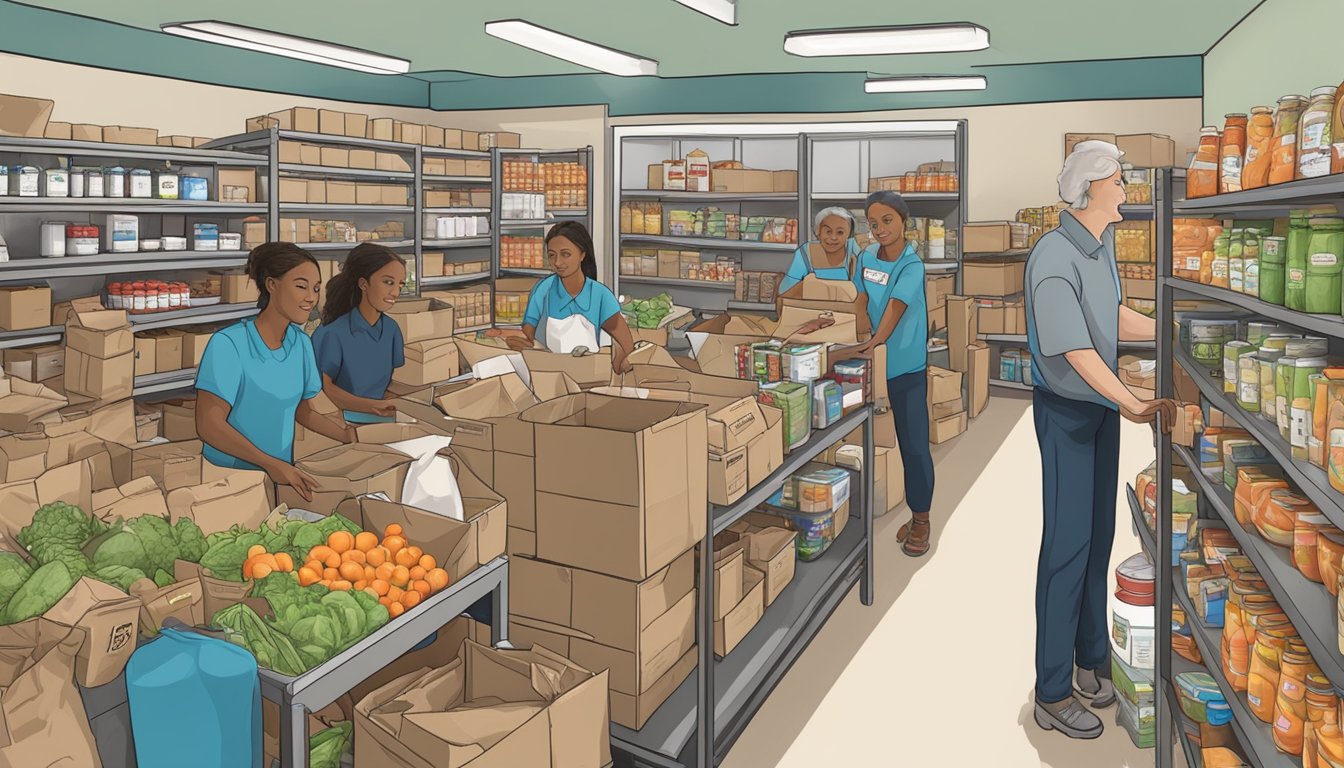 A bustling food pantry in Denton County, Texas, with volunteers distributing free groceries to those in need