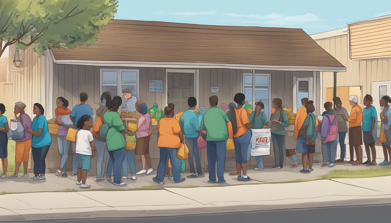 A line of people waits outside a small building, where volunteers hand out bags of groceries and canned goods. Nearby, a sign points to a community food pantry