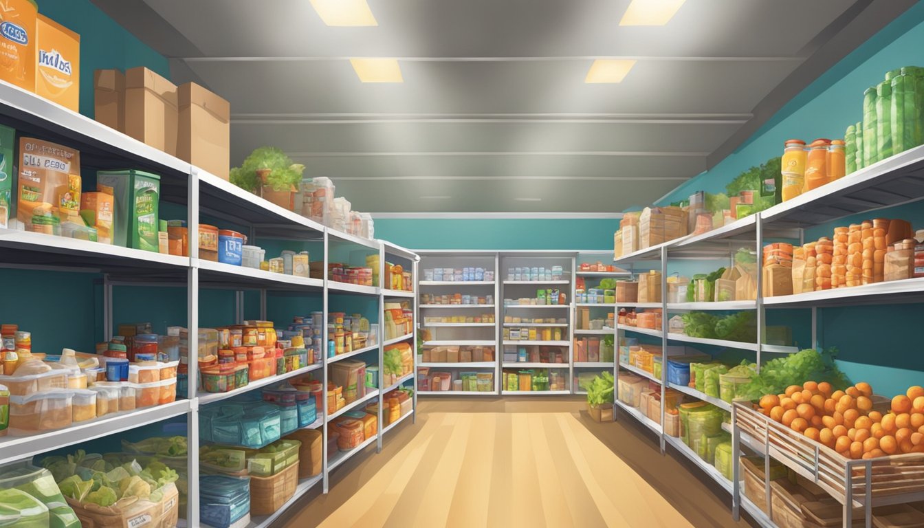 A small town in Texas, with a spotlight shining on a local food pantry, surrounded by shelves of free groceries for those in need