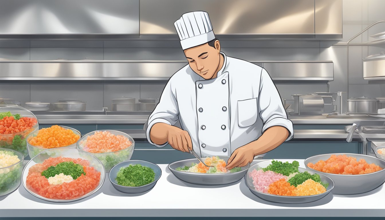 A chef sampling fresh and frozen poke, examining texture and color with a focus on cleanliness and food safety