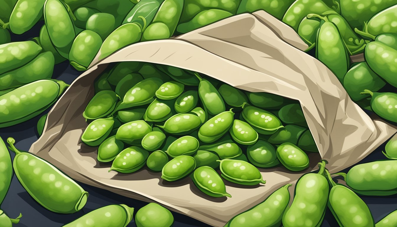 A pile of fresh edamame pods sits next to a bag of frozen edamame, both surrounded by vibrant green soybean plants