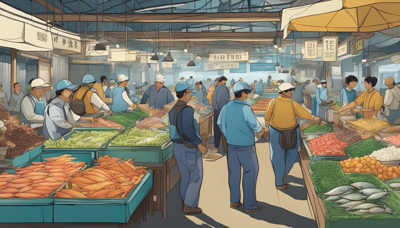 A bustling fish market with a display of fresh and frozen poke, surrounded by signs highlighting economic and environmental considerations