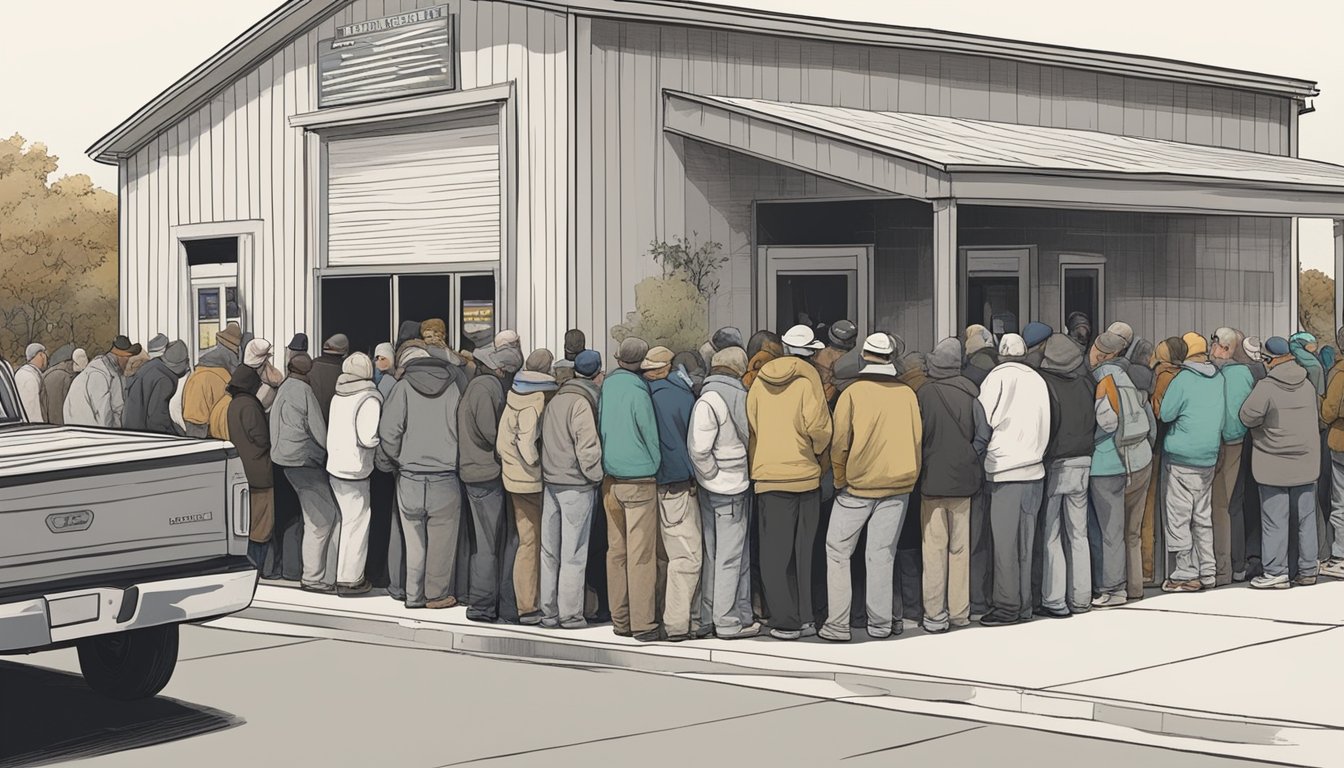 A line of people waits outside a small food pantry in Coke County, Texas, as volunteers distribute free groceries to those in need