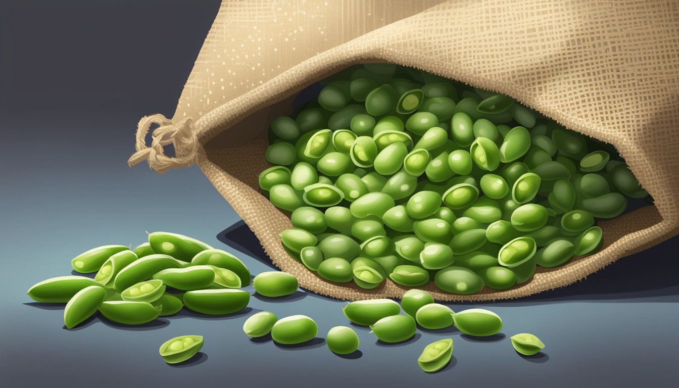 A pile of fresh edamame beans sits next to a bag of frozen edamame, with a spotlight shining on the fresh beans