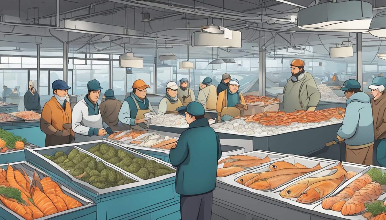 A fish market with fresh and frozen seafood on ice, customers inspecting and discussing quality