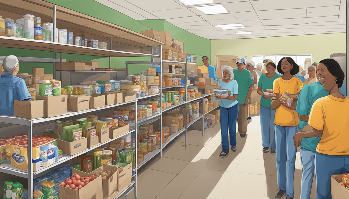 A bustling food pantry in Coke County, Texas, with volunteers distributing free groceries to those in need