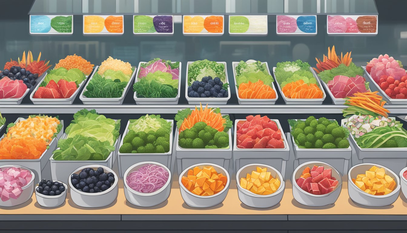 A vibrant market display featuring fresh and frozen poke bowls side by side, highlighting the contrast in quality, taste, and safety