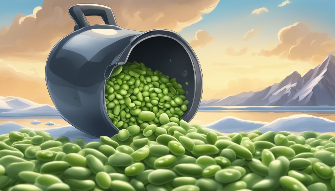 A steaming pot of fresh edamame beans outshining a bag of frozen ones