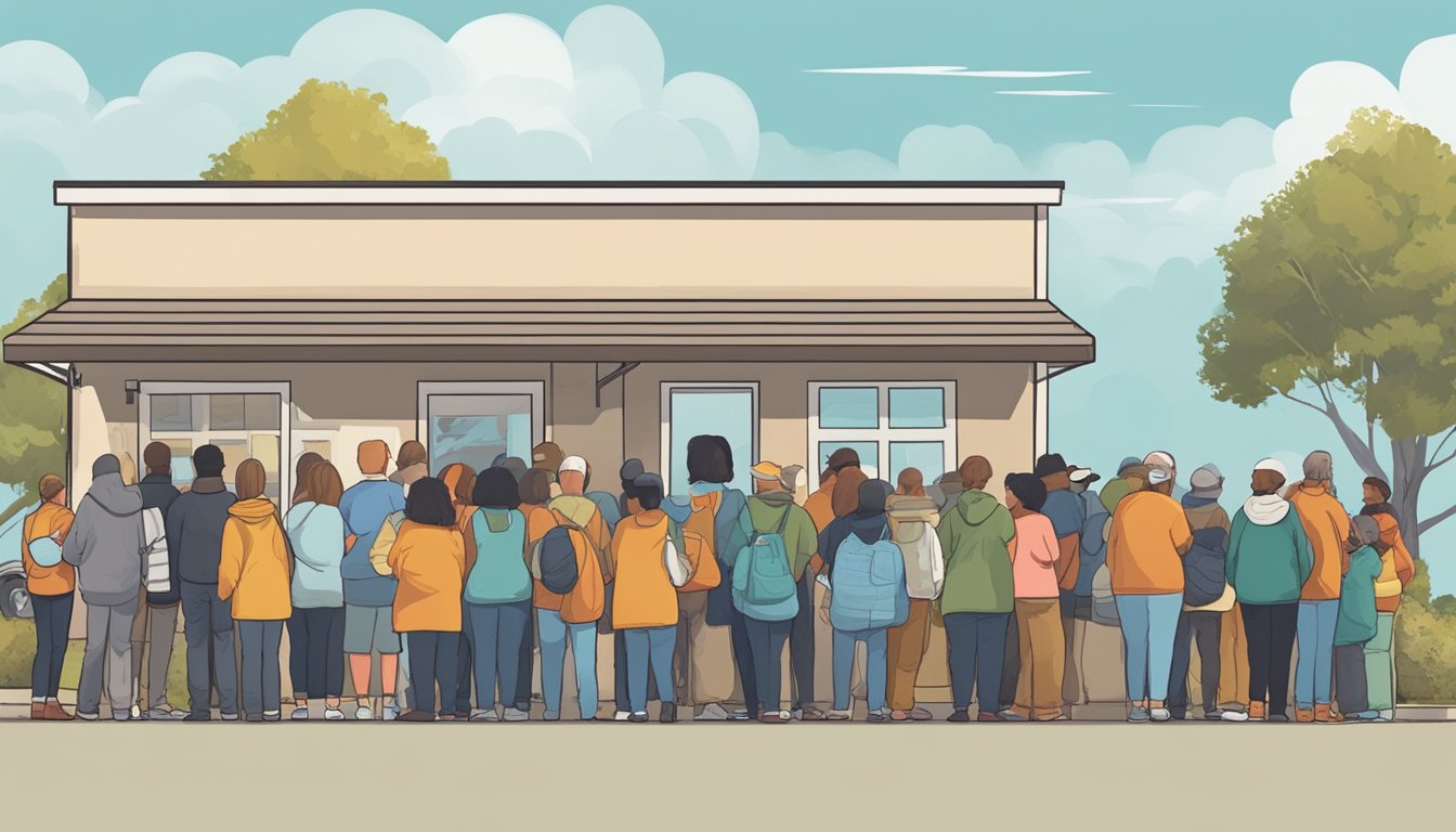 A line of people waits outside a food pantry in Delta County, Texas. Volunteers hand out free groceries to those in need