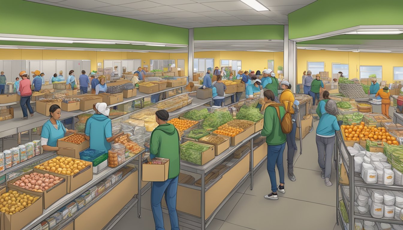 A bustling food bank in Delta County, Texas, with shelves stocked full of groceries and volunteers helping those in need