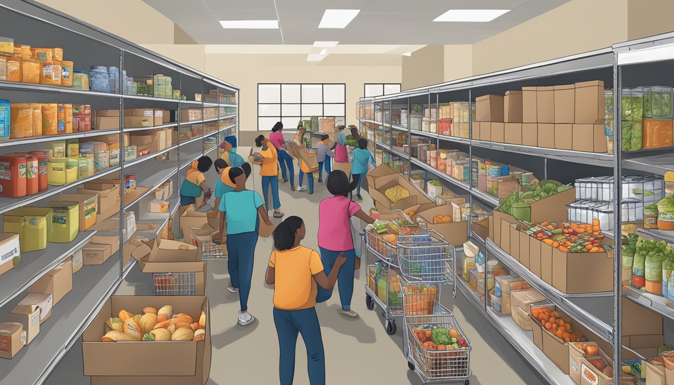 A bustling food pantry in Denton County, Texas, with volunteers distributing free groceries to those in need