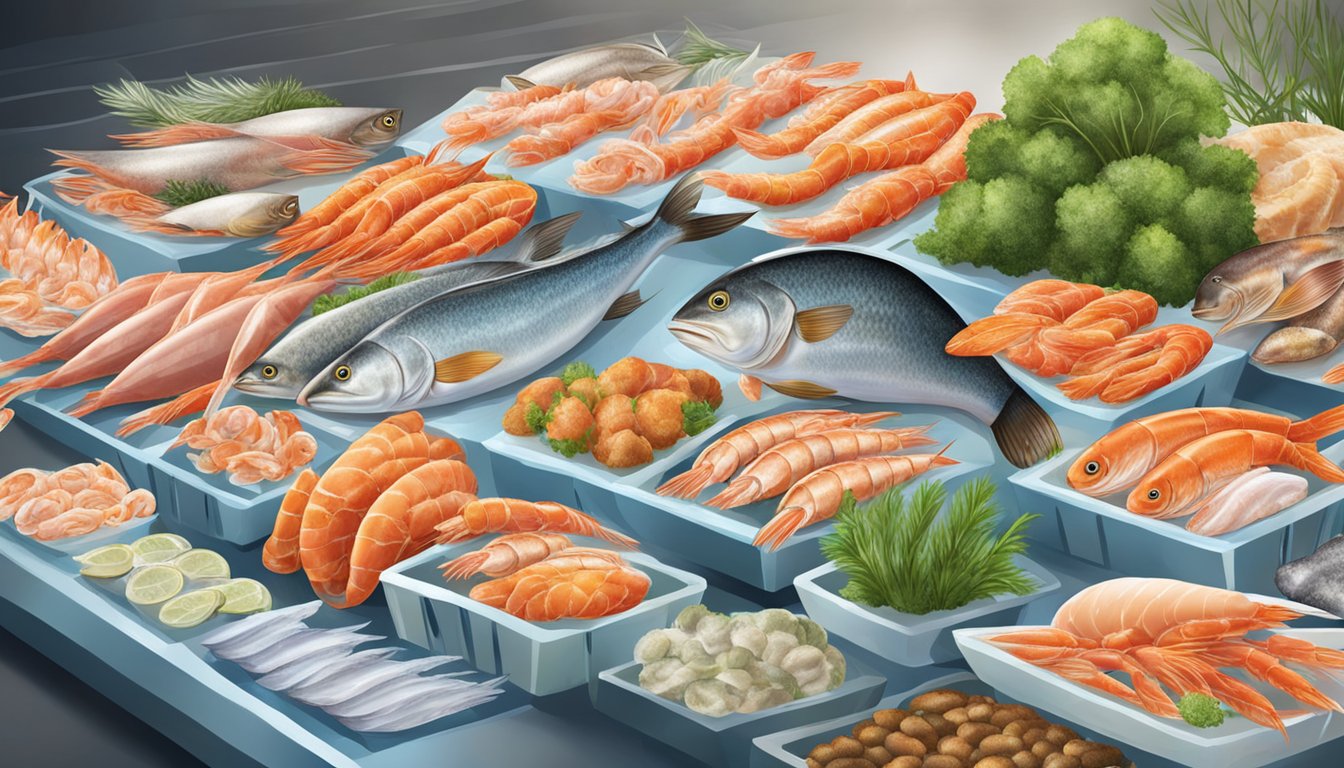 A fish market display with a variety of fresh and frozen seafood, including whole fish, shrimp, and shellfish on ice