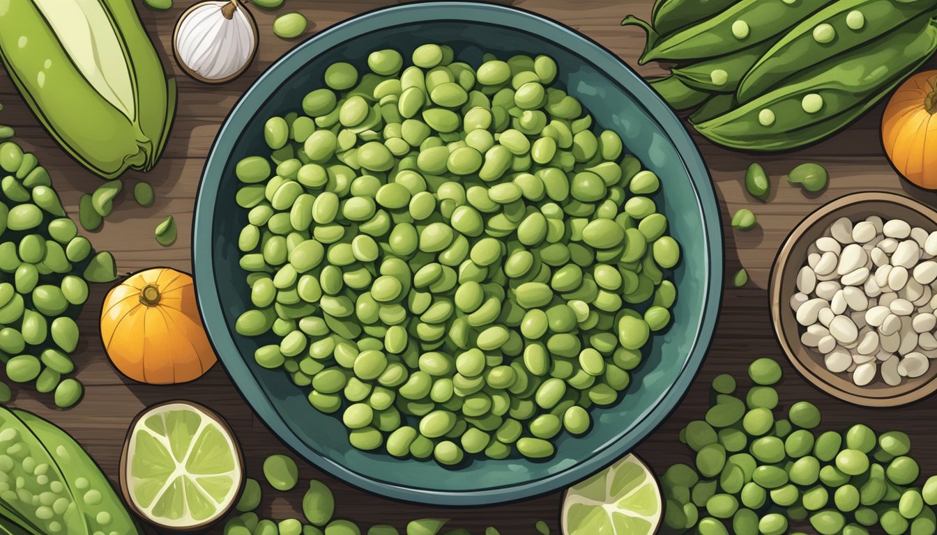 A bowl of fresh and frozen edamame beans side by side, surrounded by various fruits and vegetables, highlighting their role in different diets