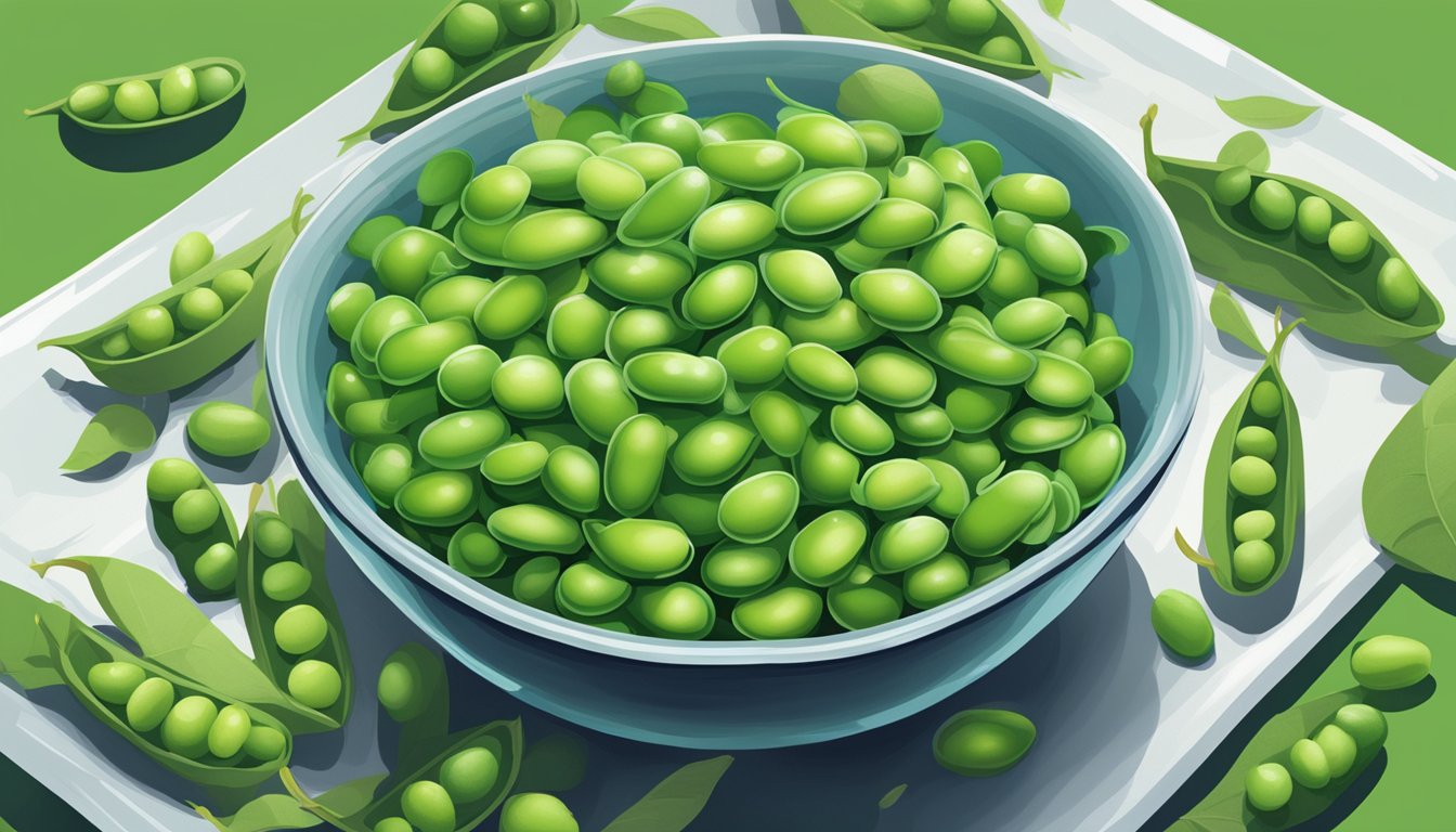 A bowl of fresh and frozen edamame beans sit side by side, surrounded by vibrant green pods. The fresh beans glisten with moisture, while the frozen ones are icy and frosty