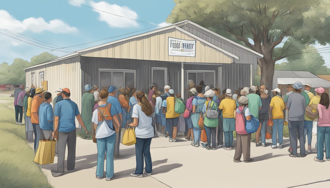 A line of people waits outside a small food pantry in Delta County, Texas. Volunteers hand out bags of groceries to those in need