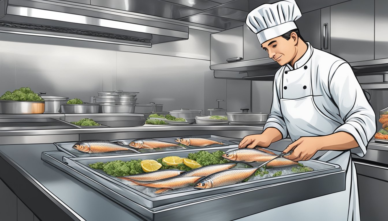 A chef carefully examines a tray of fresh and frozen fish, comparing their quality and texture. The kitchen is filled with the aroma of seafood as the chef prepares to cook both types for a taste test