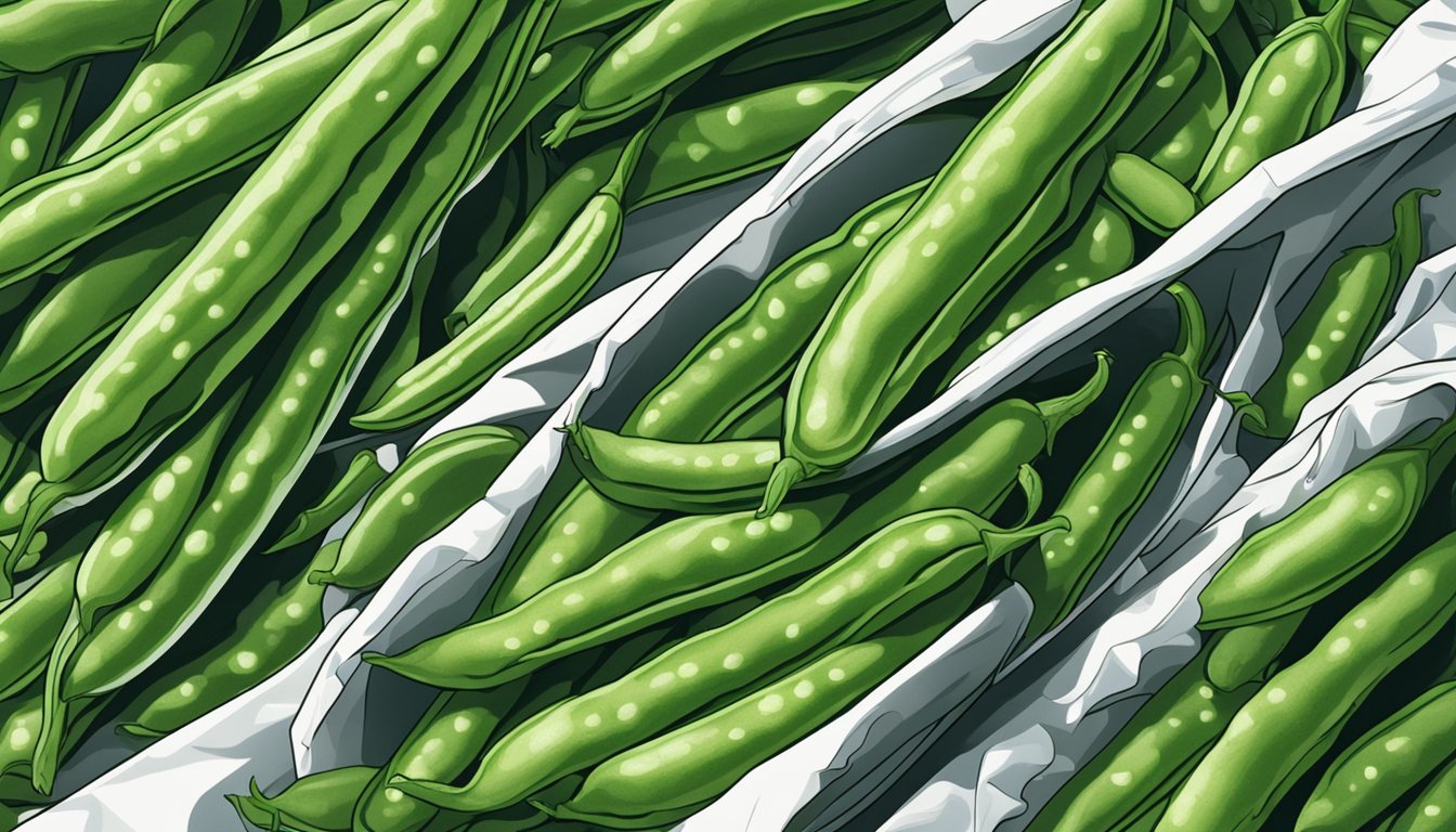 A pile of fresh green beans sits next to a bag of frozen green beans. The fresh beans are vibrant and crisp, while the frozen beans are icy and slightly limp