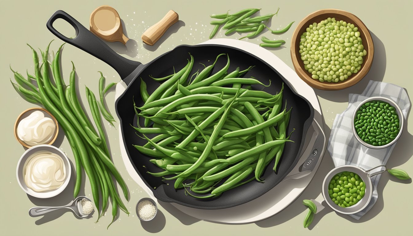 A sizzling skillet with fresh and frozen green beans side by side, surrounded by various cooking utensils and ingredients