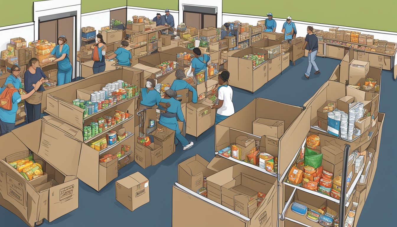 A bustling food pantry in Delta County, Texas, with volunteers distributing free groceries to those in need