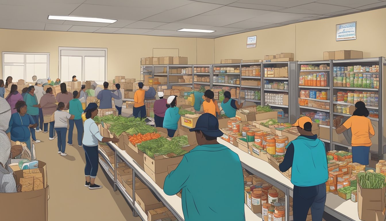 A bustling food pantry in Delta County, Texas, with volunteers distributing groceries to those in need