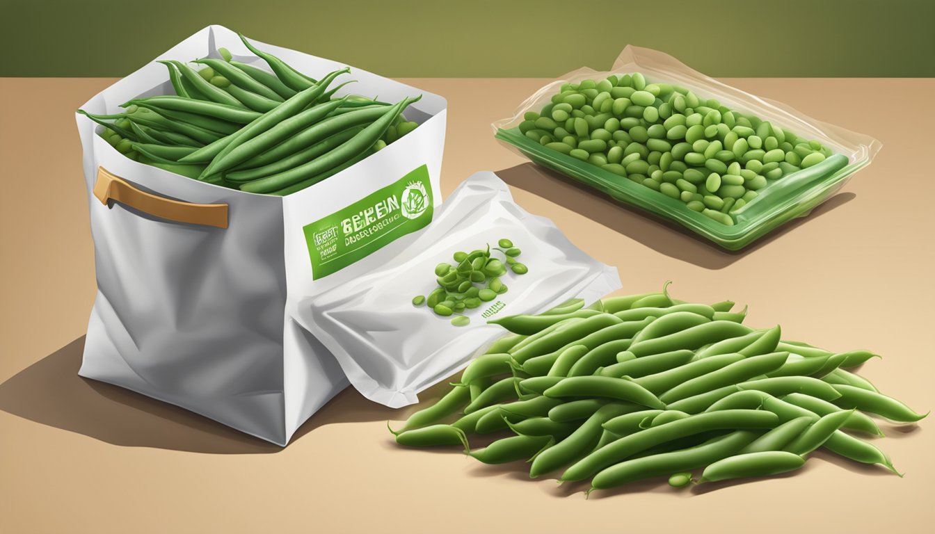 A table split in half, one side with bags of frozen green beans and the other with fresh green beans, surrounded by colorful vegetable packaging