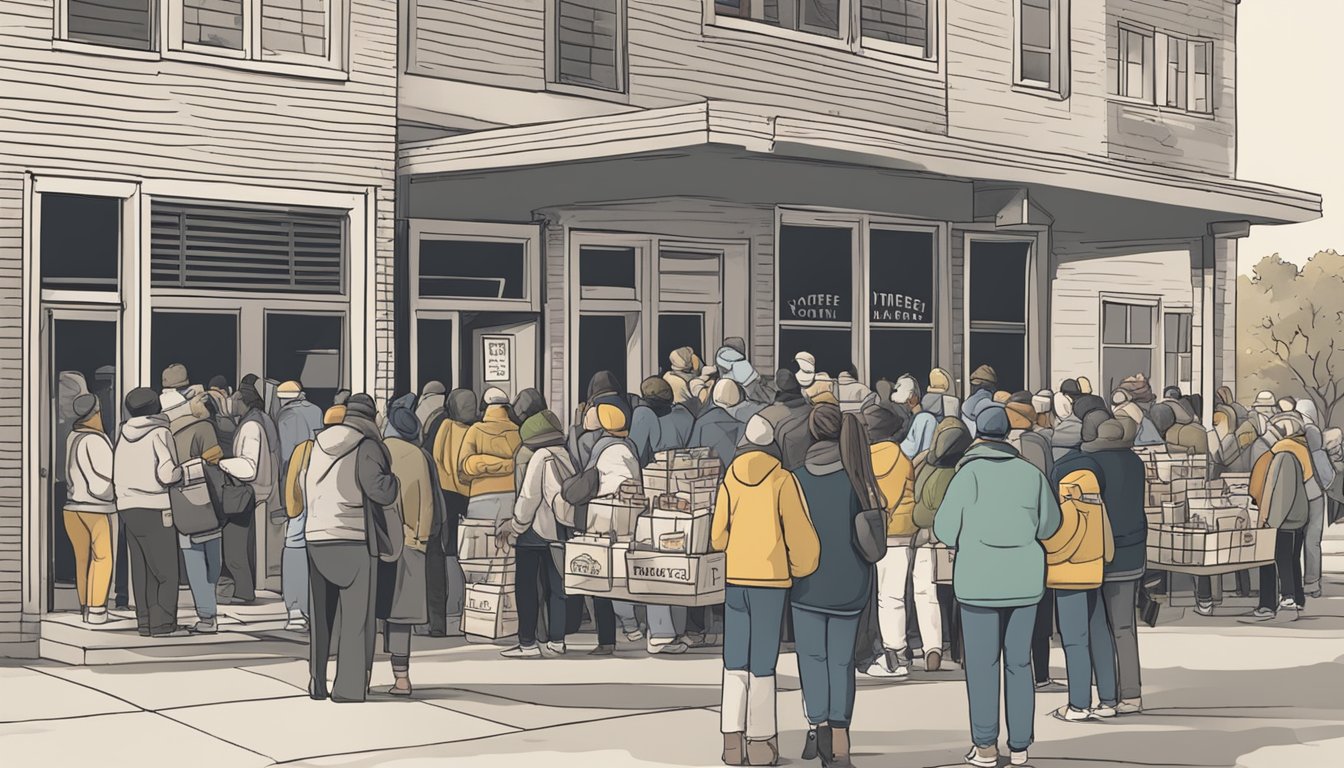 A line of people wait outside a small building with a sign that reads "Free Groceries and Food Pantry." Volunteers hand out bags of groceries and supplies