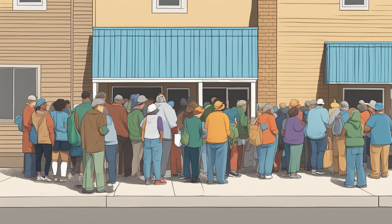 A line of people waiting outside a food pantry in Coke County, Texas, with volunteers handing out free groceries and food assistance