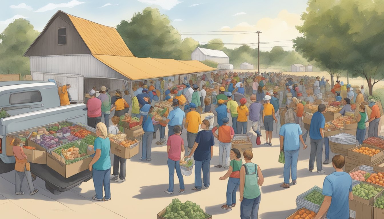 A bustling food distribution event in Coke County, Texas, with volunteers and recipients gathering groceries from local and national organizations