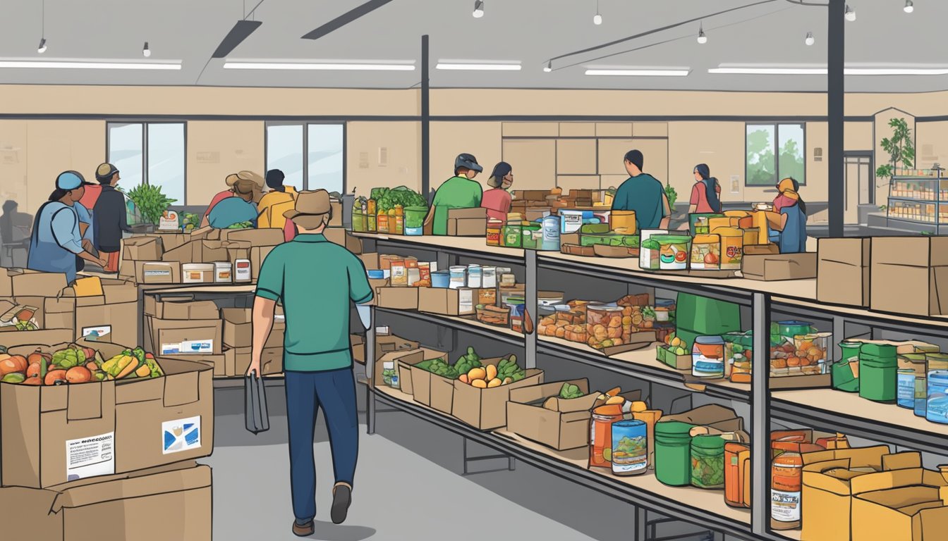 A bustling food pantry in Denton County, Texas, with volunteers distributing free groceries to those in need