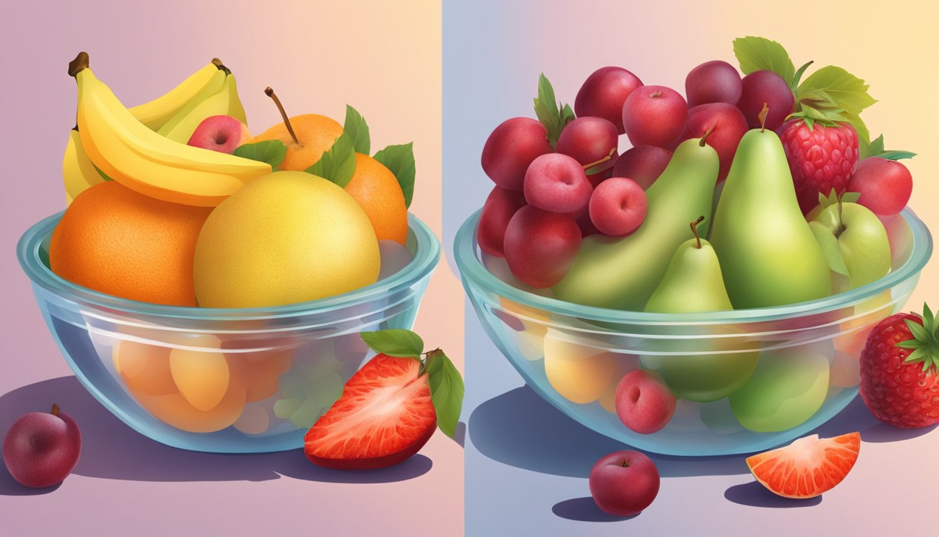 A table with two bowls of fruit: one filled with fresh fruit and the other with frozen fruit. A price tag next to each bowl