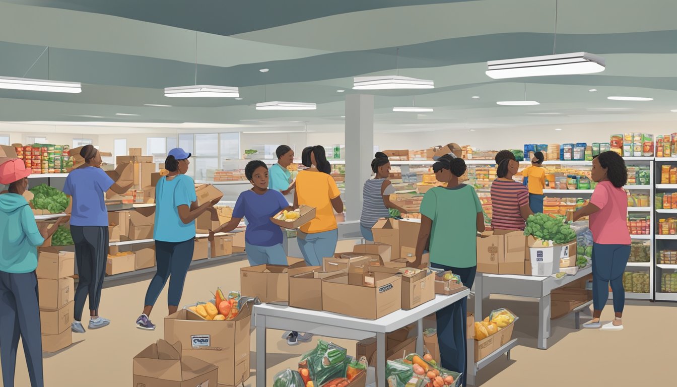 A bustling food pantry in Denton County, Texas, with volunteers distributing free groceries to those in need