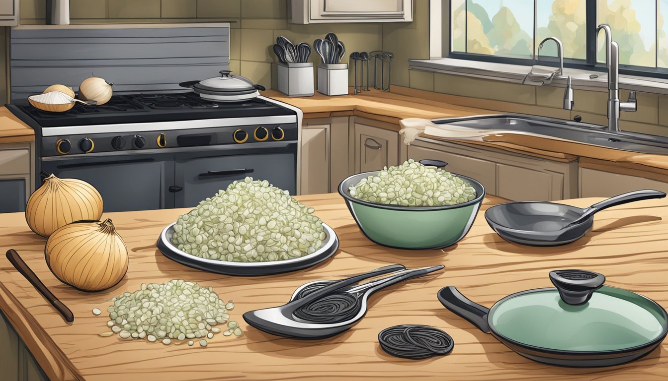 A kitchen counter with a pile of frozen onions next to a pile of fresh onions, with various cooking utensils scattered around