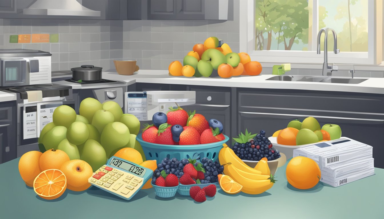 A pile of fresh and frozen fruits displayed on a kitchen counter, with price tags next to each option. A calculator sits nearby, suggesting a comparison of costs