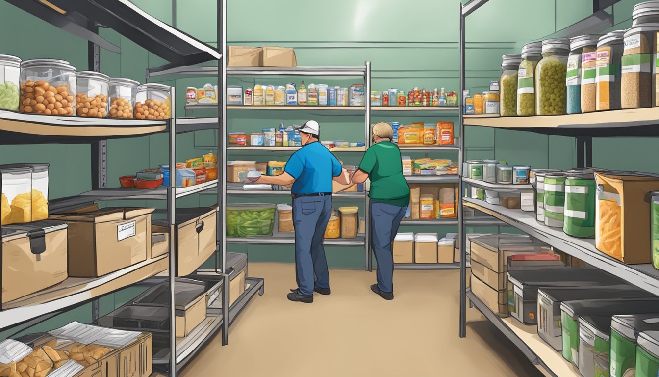 A bustling food pantry in Collingsworth County, Texas, with shelves stocked full of groceries and volunteers assisting those in need