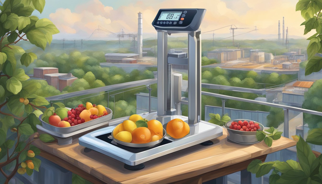 A scale with fresh and frozen fruit on either side, surrounded by trees and factories