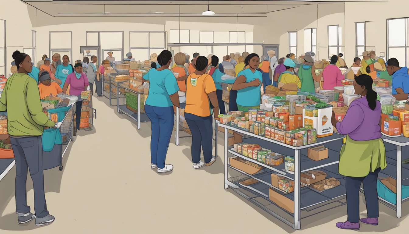 A bustling food pantry in Dimmit County, Texas, with volunteers distributing free groceries to those in need