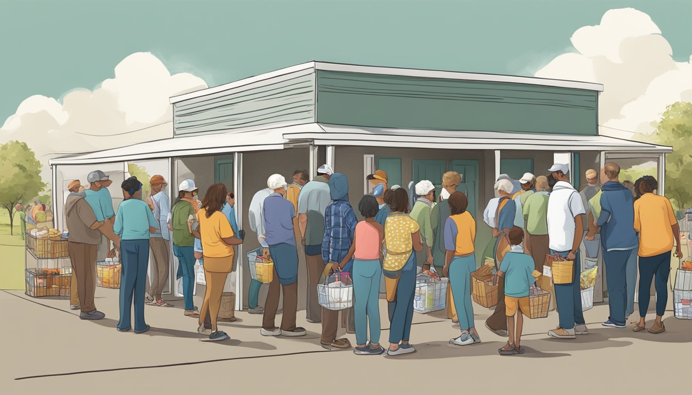 A line of people waiting outside a small food pantry in rural Texas, with volunteers handing out bags of groceries