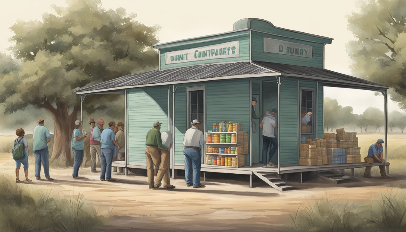 A rural landscape with a small food pantry building and a line of people waiting for assistance in Dimmit County, Texas