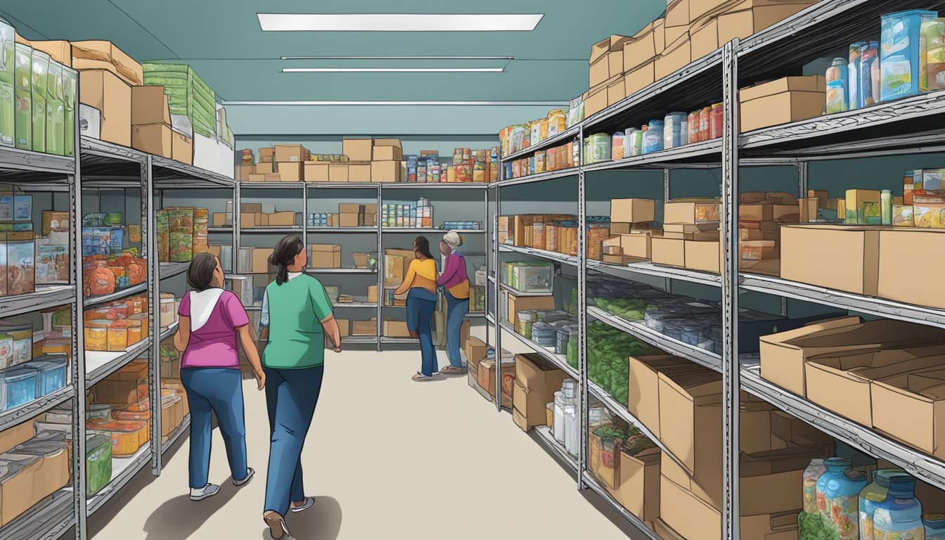 A bustling food pantry in Dimmit County, Texas, with shelves stocked full of free groceries and volunteers assisting those in need