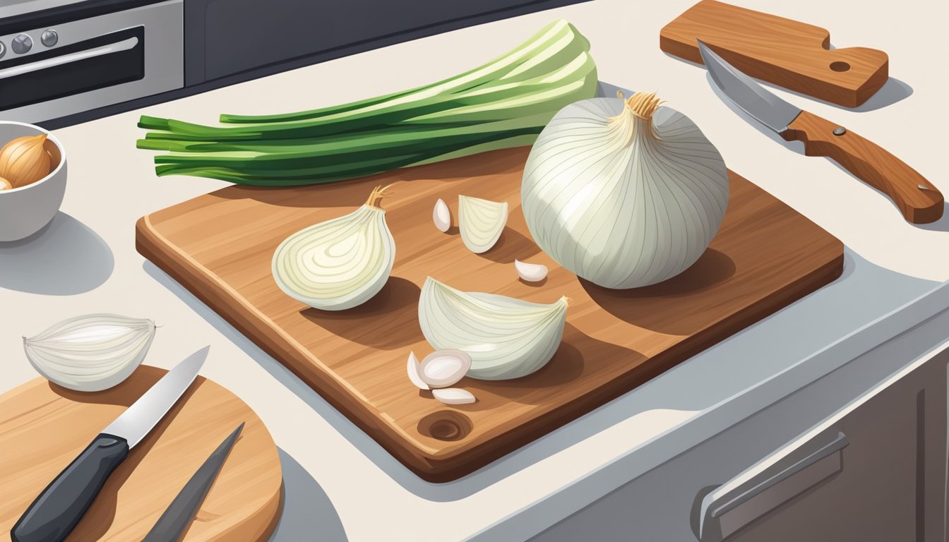 A kitchen counter with a pile of fresh onions on one side and a bag of frozen onions on the other, with a cutting board and knife in the middle