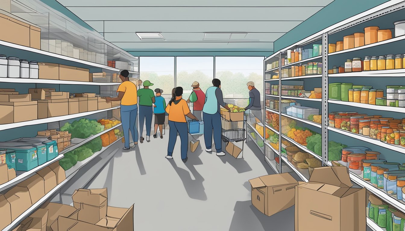 A bustling food pantry in Dimmit County, Texas, with shelves stocked full of free groceries and volunteers assisting those in need