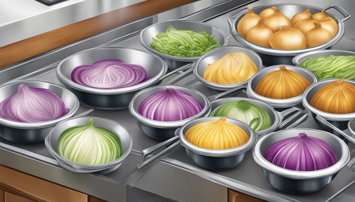 A chef sautés frozen and fresh onions in separate pans, showcasing their differences in texture and color