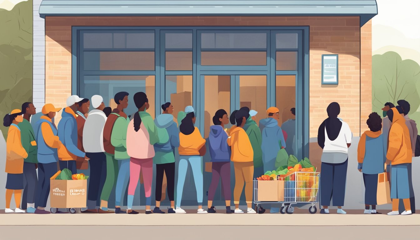 People waiting in line outside a food pantry, with volunteers handing out groceries and supplies to those in need