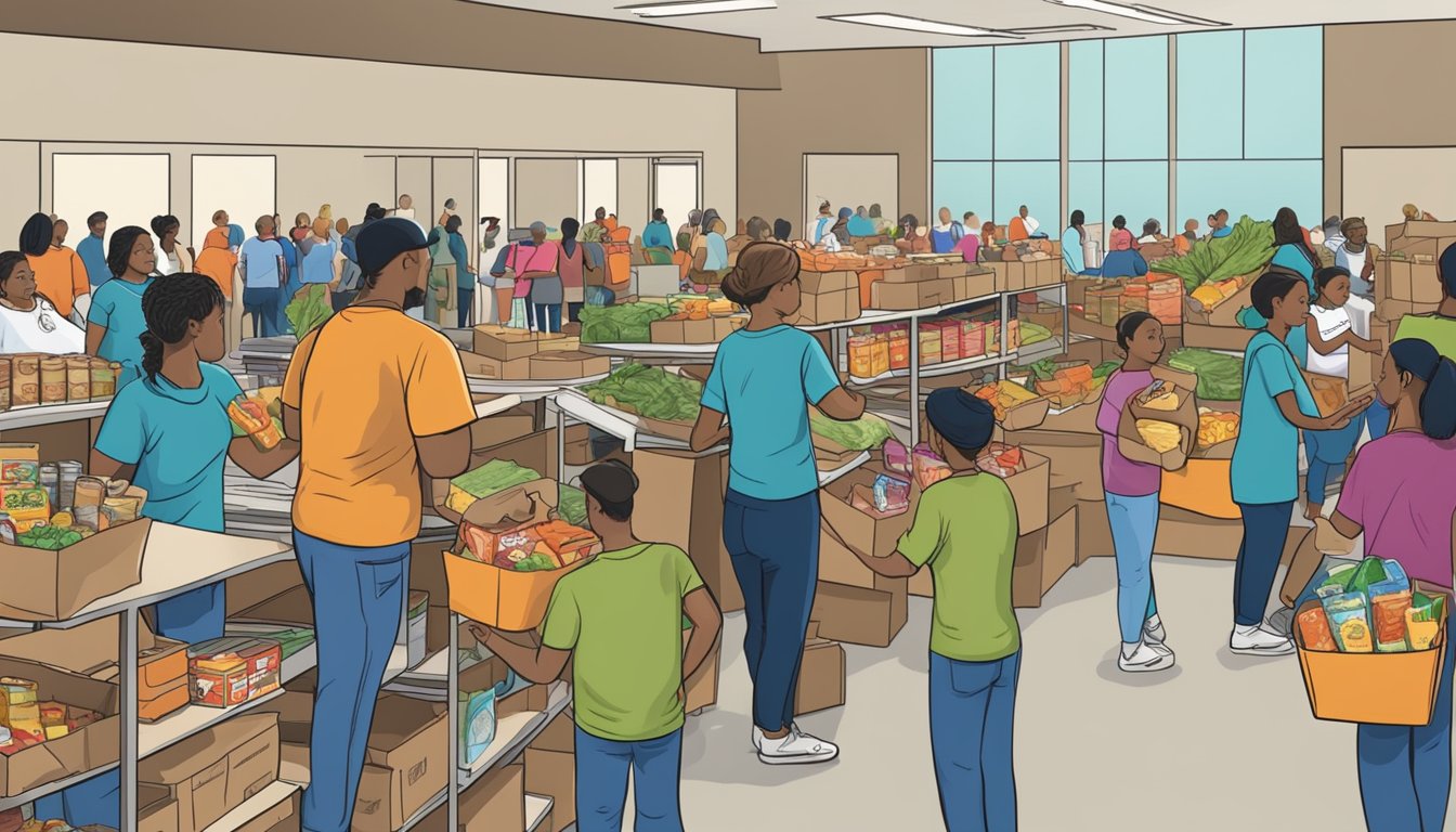 A bustling food pantry in Duval County, Texas, with volunteers distributing free groceries to those in need