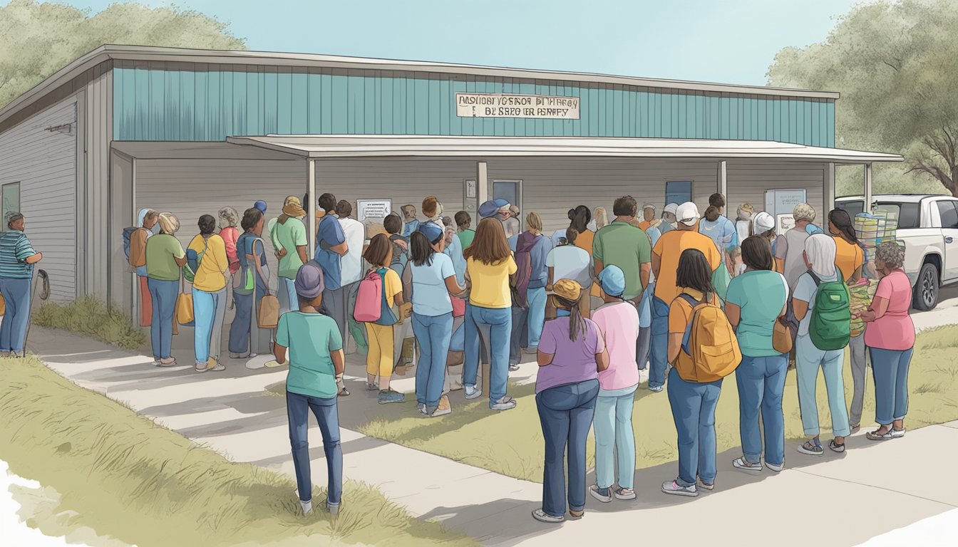 A line of people waits outside a food pantry in Dimmit County, Texas. Volunteers distribute groceries and check eligibility documents