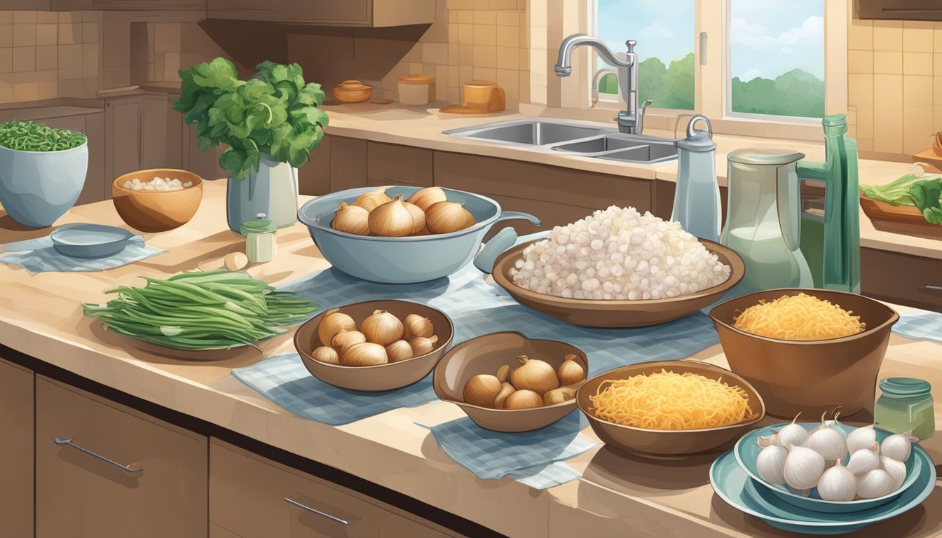 A kitchen counter with fresh and frozen onions, surrounded by various raw and cooked dishes, showcasing the versatility of the kitchen staple