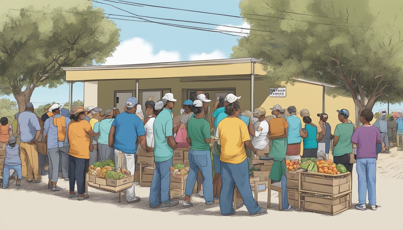 A line of people waits outside a small food pantry in Dimmit County, Texas, as volunteers hand out free groceries and supplies