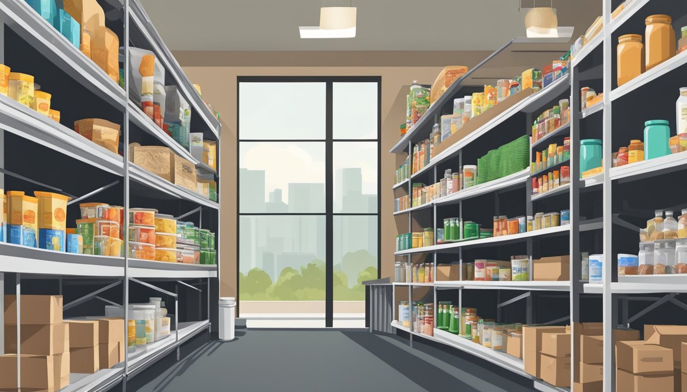 A bustling food pantry in Duval County, Texas, with shelves stocked full of free groceries and nutritional supplements for those in need