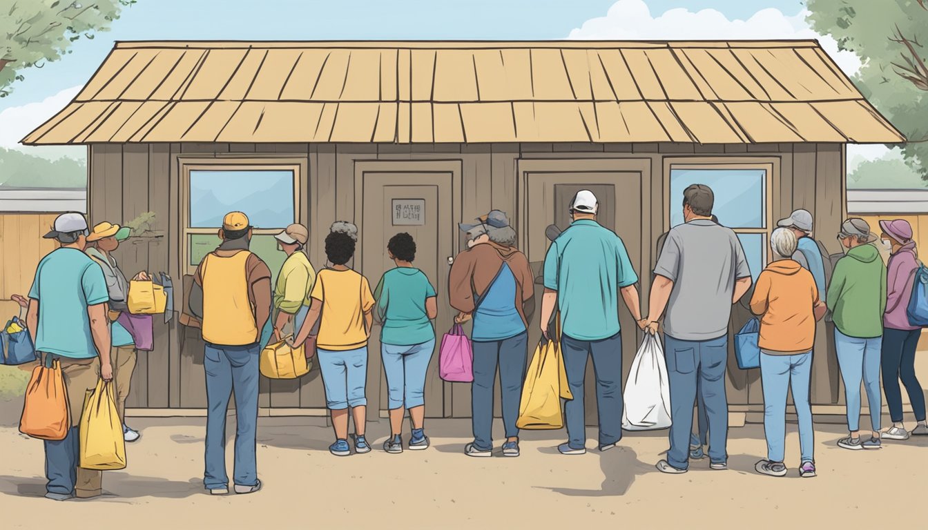 A line of people wait outside a small, rural food pantry in Dimmit County, Texas. Volunteers hand out bags of groceries to those in need