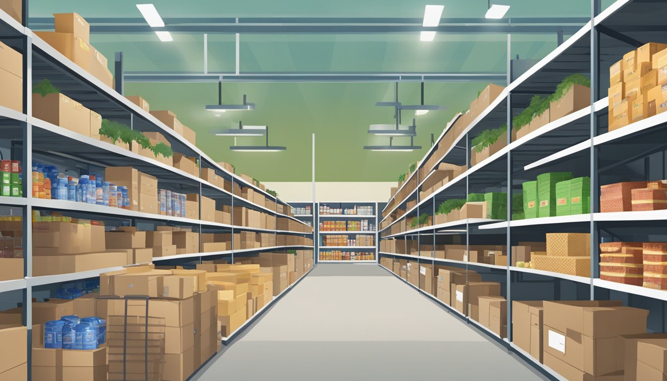 A bustling distribution center in Duval County, Texas, with shelves stocked full of free groceries and food pantry items. Operating hours are clearly posted